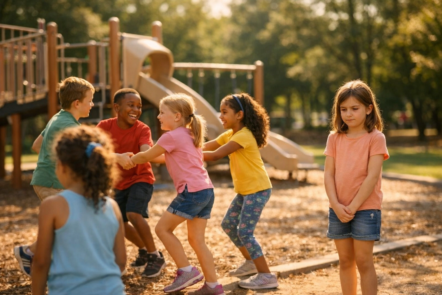 Children playing on playground in Georgia while one child stands apart showing social skills challenges
