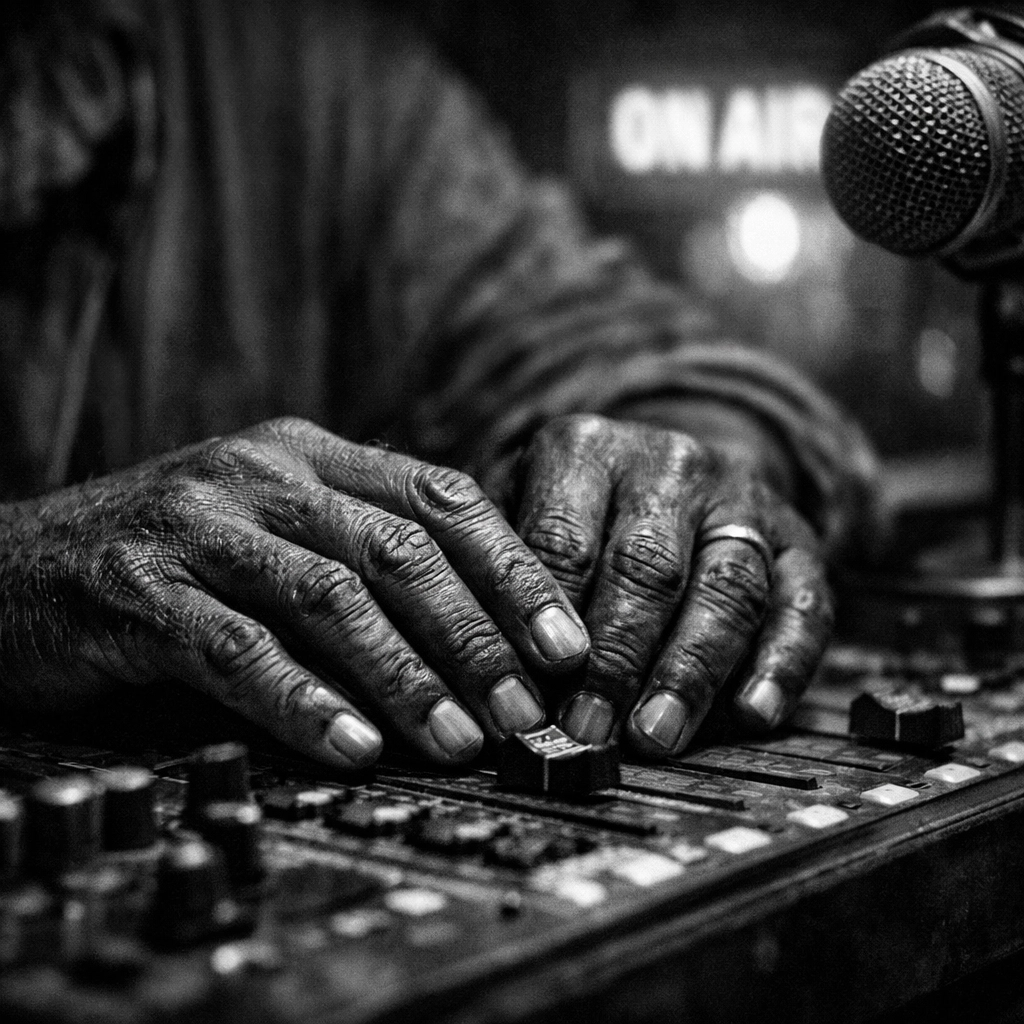 Black broadcaster’s hands on a professional radio mixing console, highlighting authentic urban storytelling.