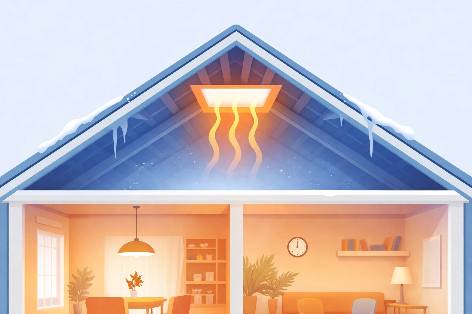 Cross-section illustration of a house showing heat escaping through an uninsulated loft hatch
