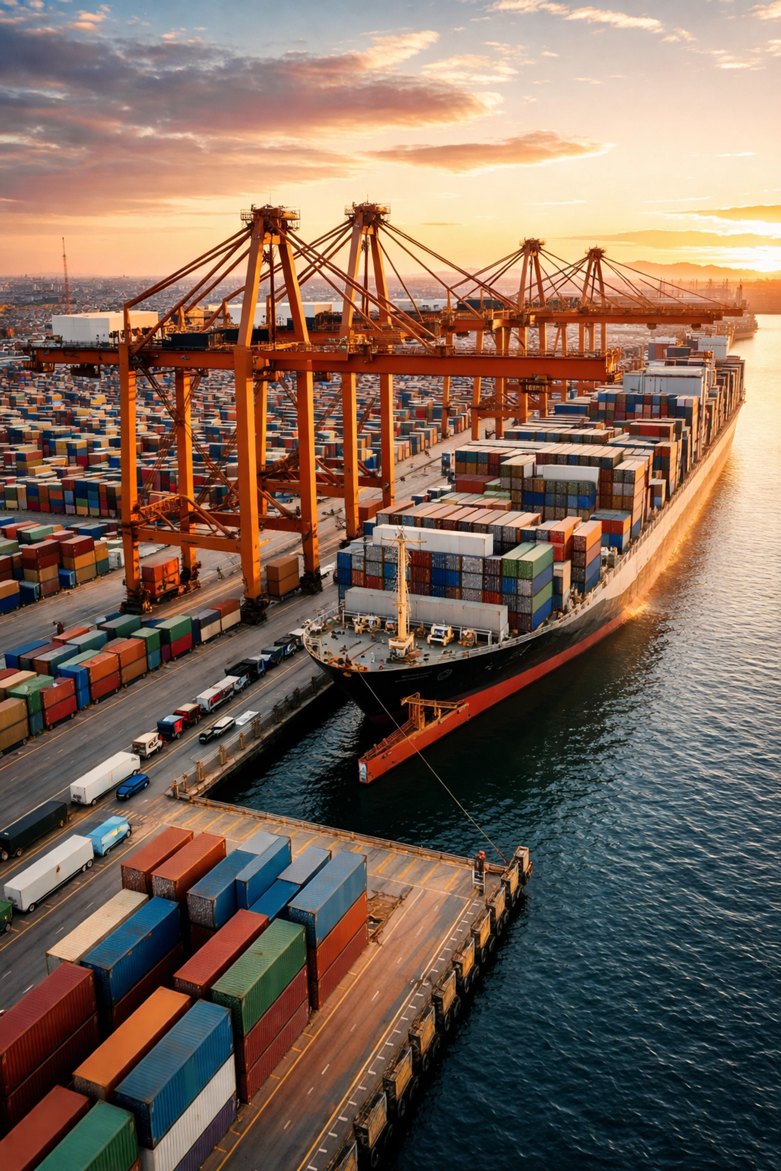 Aerial view of a bustling shipping port with containers and trucks highlighting PSI’s efficient port operations.