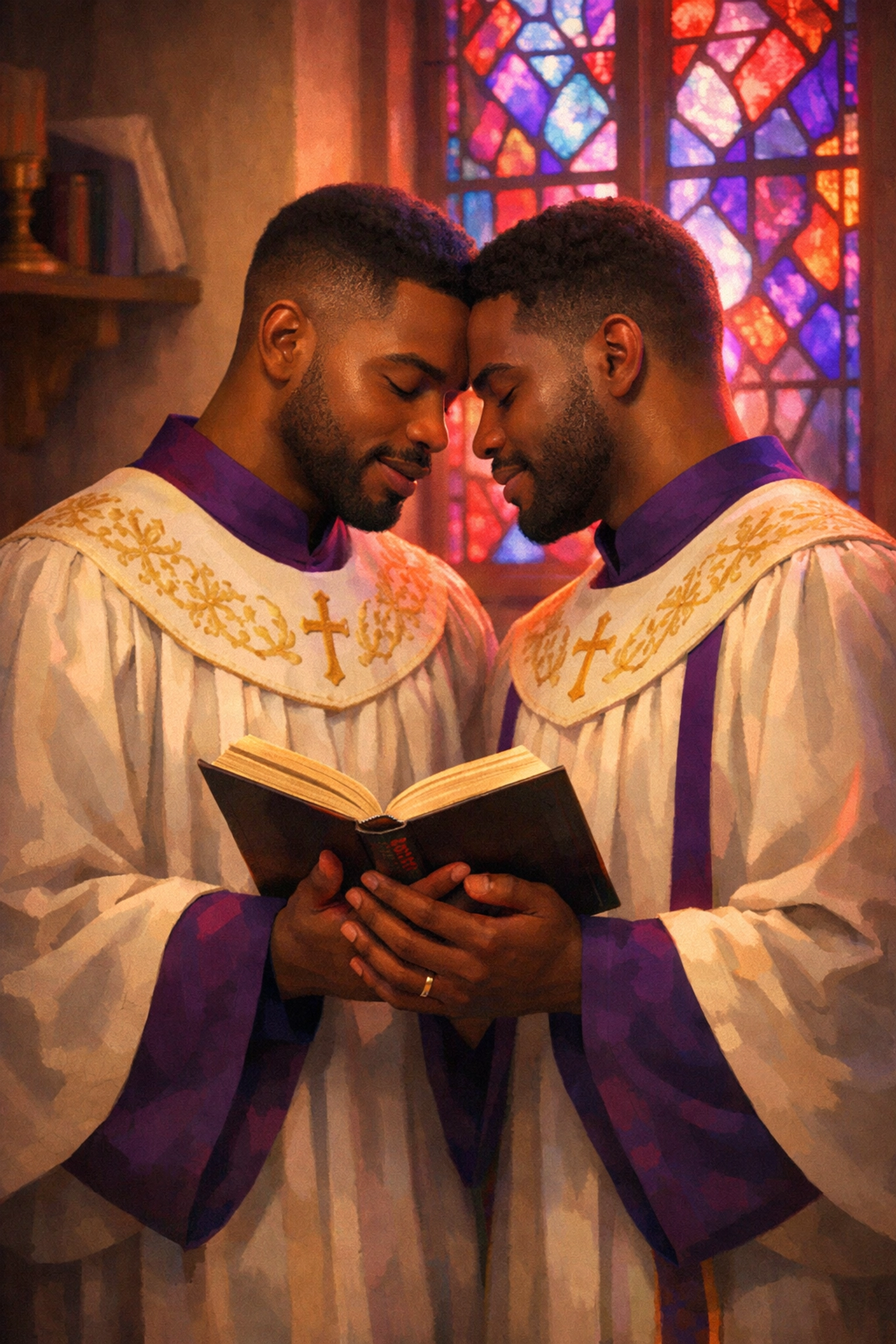 Romantic moment between two Black men in choir robes, capturing the emotional depth of MM romance.