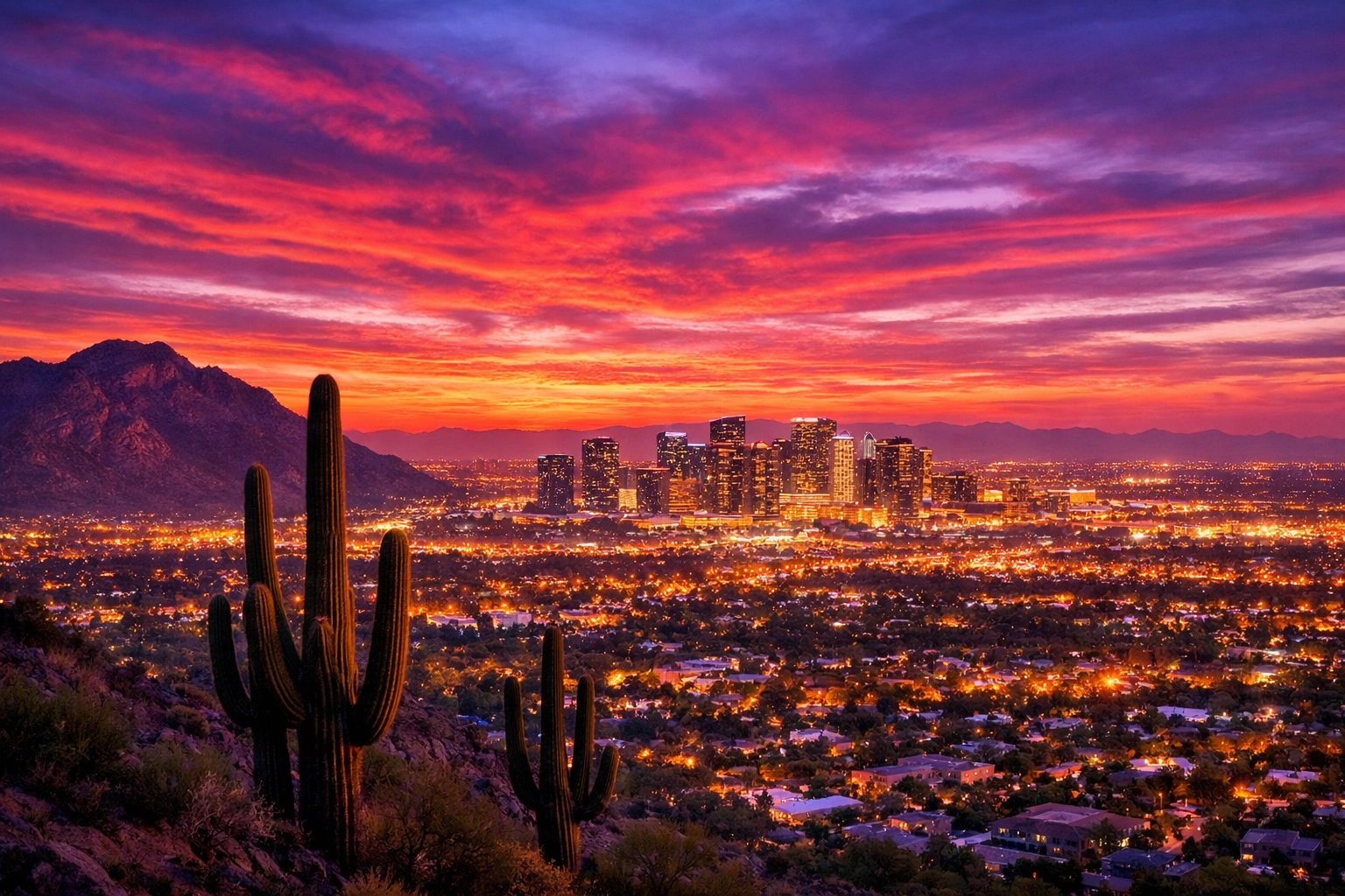Vibrant Phoenix skyline at sunset with Saguaro cacti, showcasing the thriving Arizona rental market.