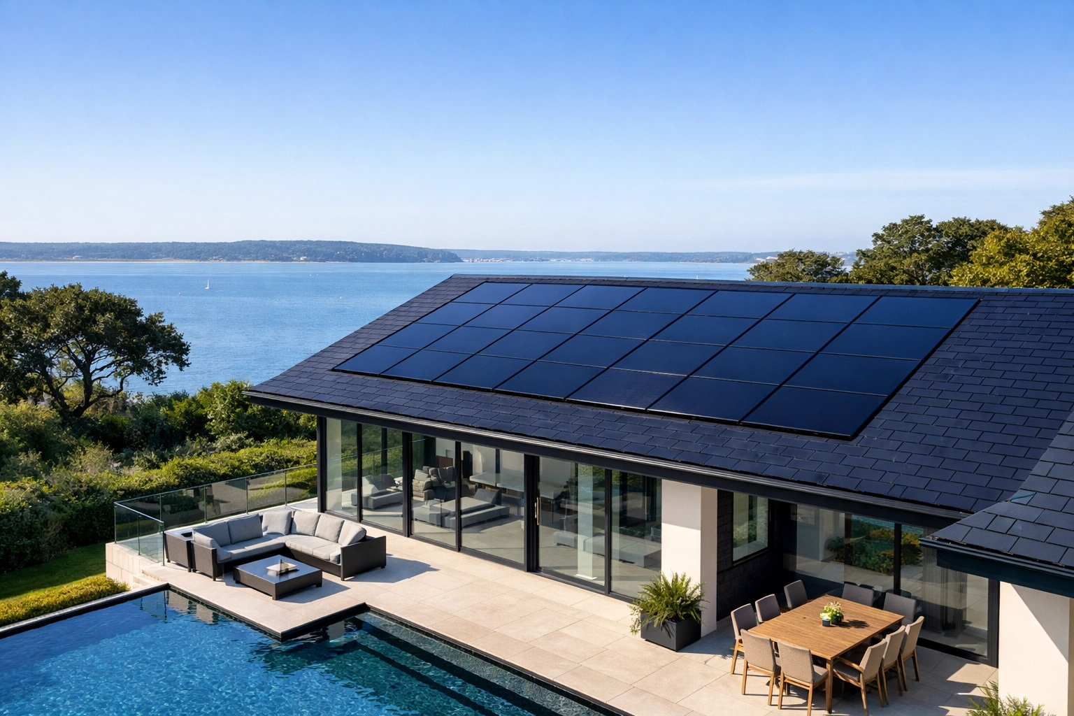 Modern coastal home in Dorset near Poole Harbour with solar panels integrated into a slate roof.