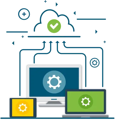 Illustration of multiple devices connected to a secure cloud, representing synchronized and managed IT infrastructure.