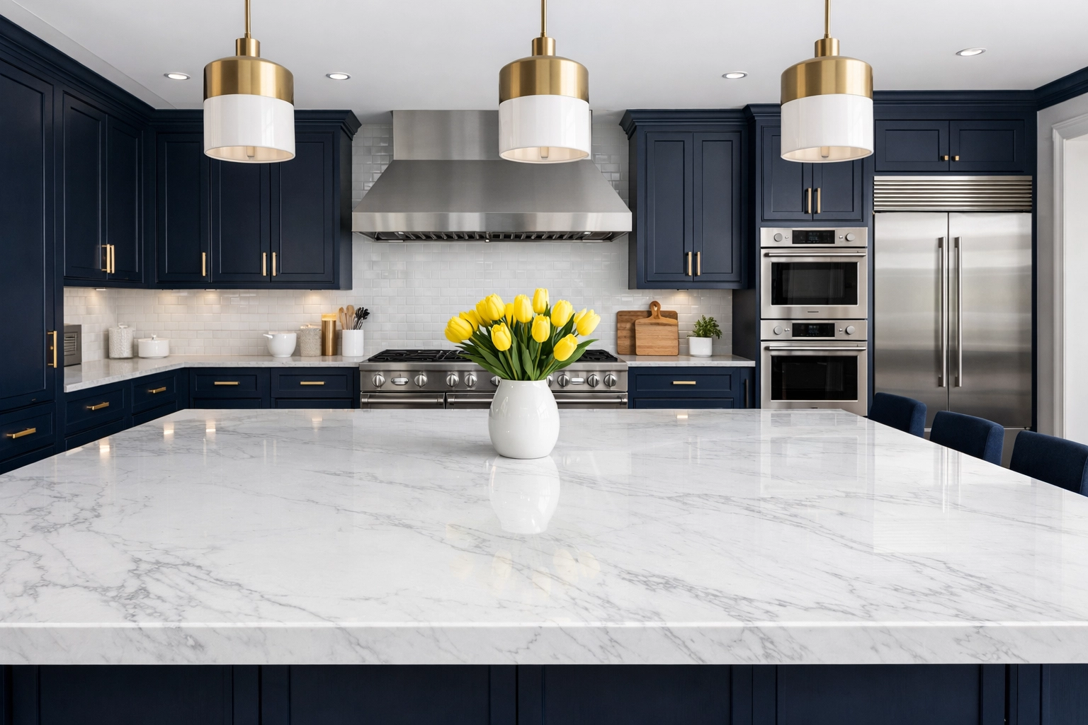 Modern Brookline kitchen with polished marble island, perfect for bi weekly house cleaning clients.
