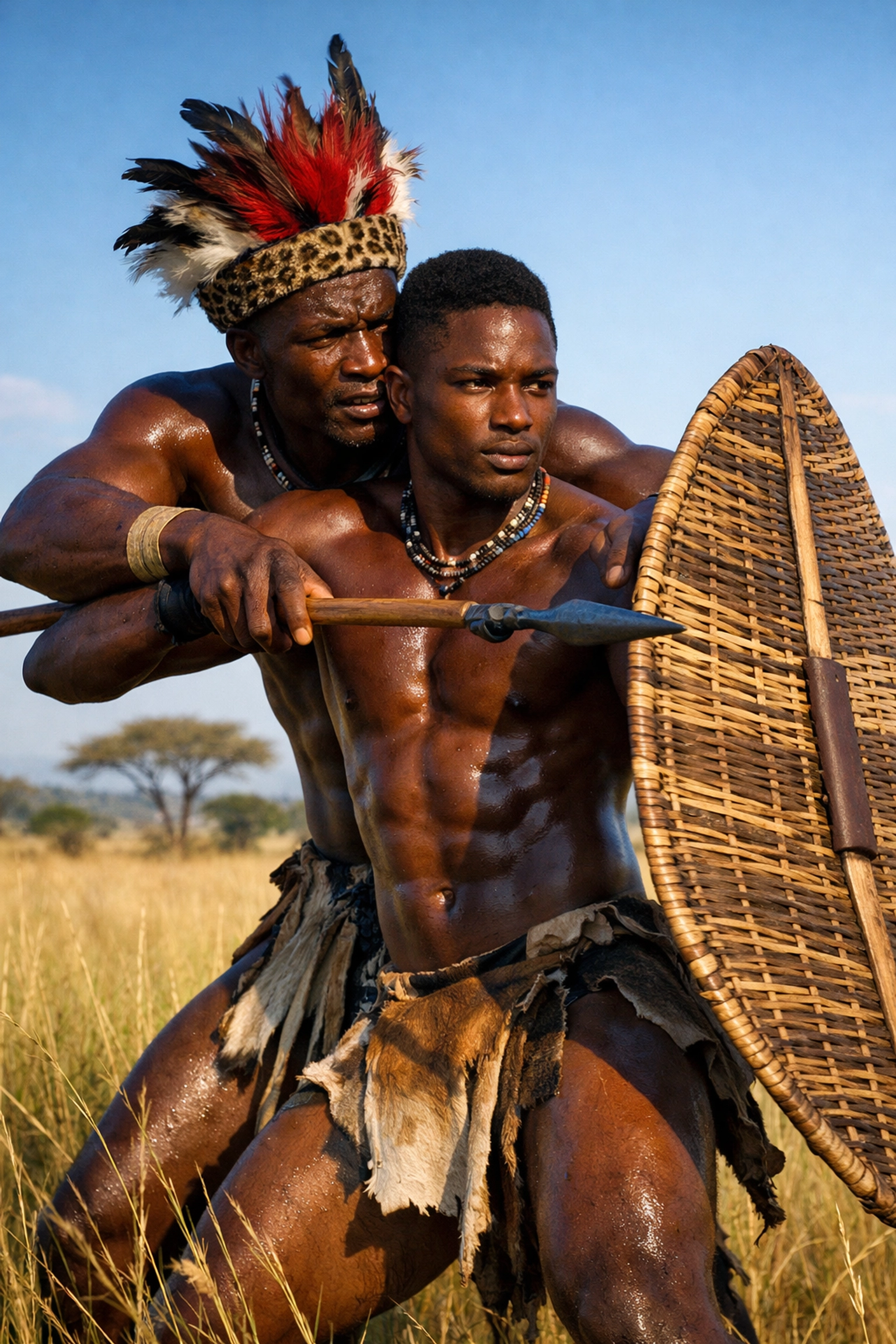 A warrior and his partner on the savanna, showcasing the shield-brother trope common in MM romance books.
