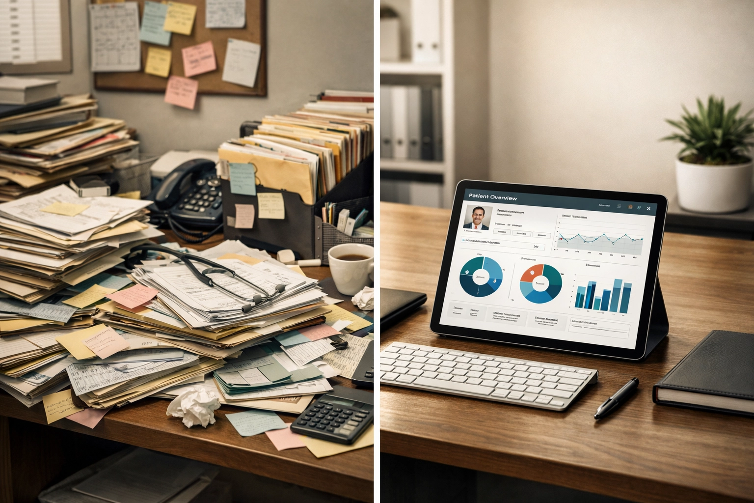 The "Invisible" Leaks Draining Your Practice's Efficiency Before and after comparison of medical office transitioning from manual paper systems to digital dashboard