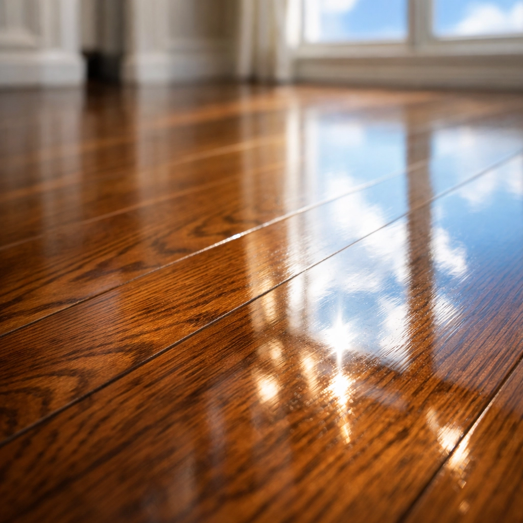 Polished hardwood floors in a Massachusetts home after a professional move-in cleaning.