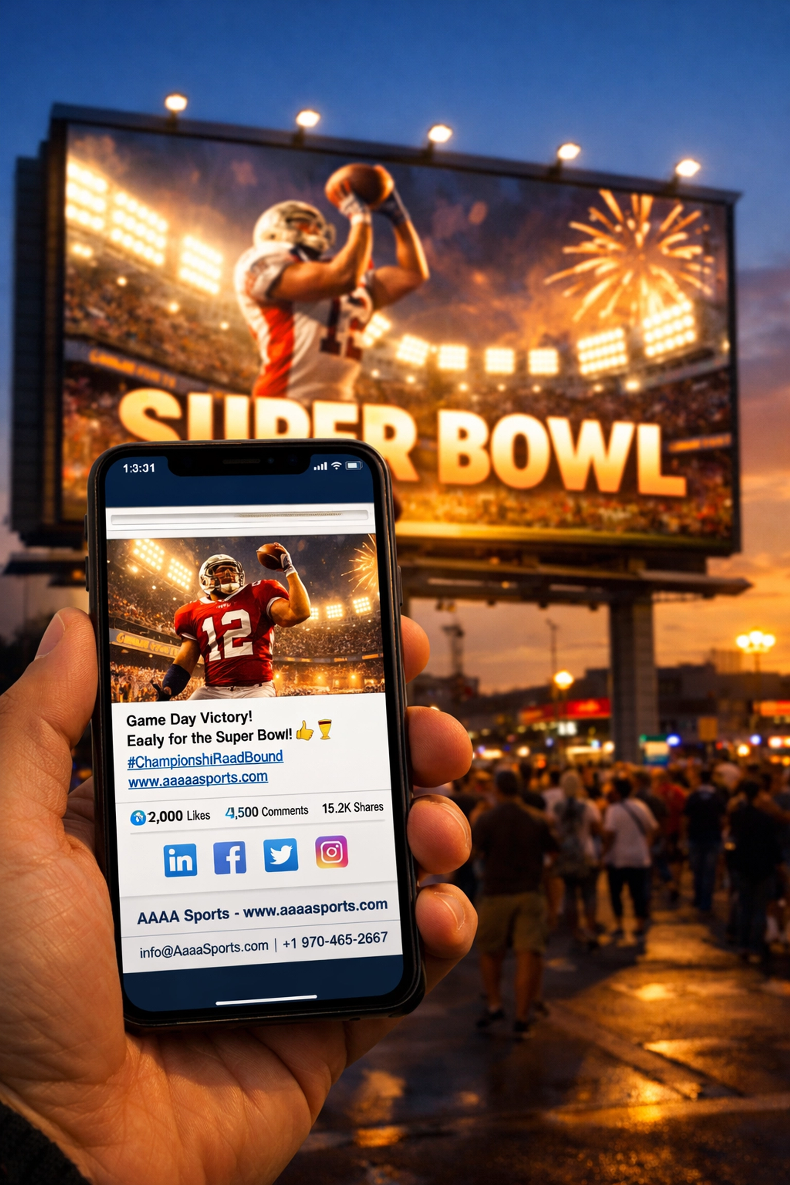Smartphone displaying athlete social media post versus traditional Super Bowl billboard ad