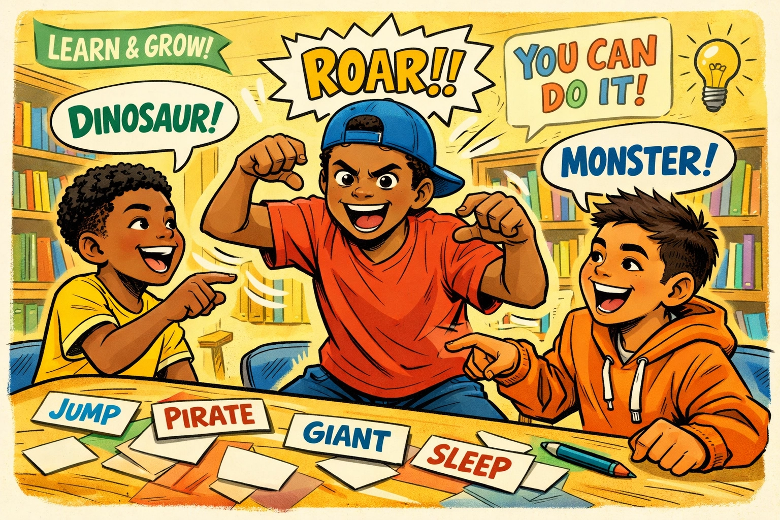 Young boys playing vocabulary charades game in community learning space