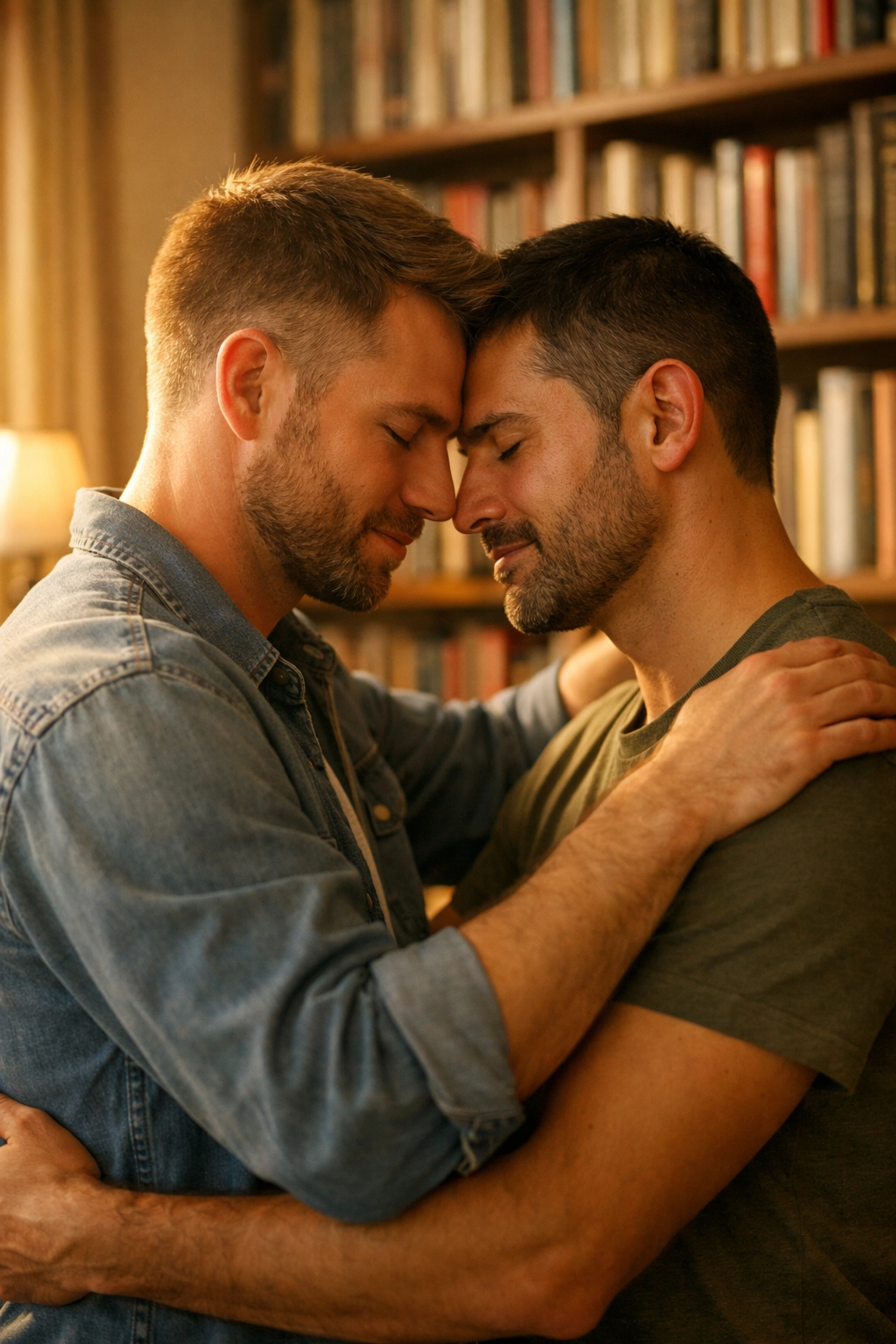 Two gay men in a tender embrace in a library, representing healing and authentic MM romance stories.