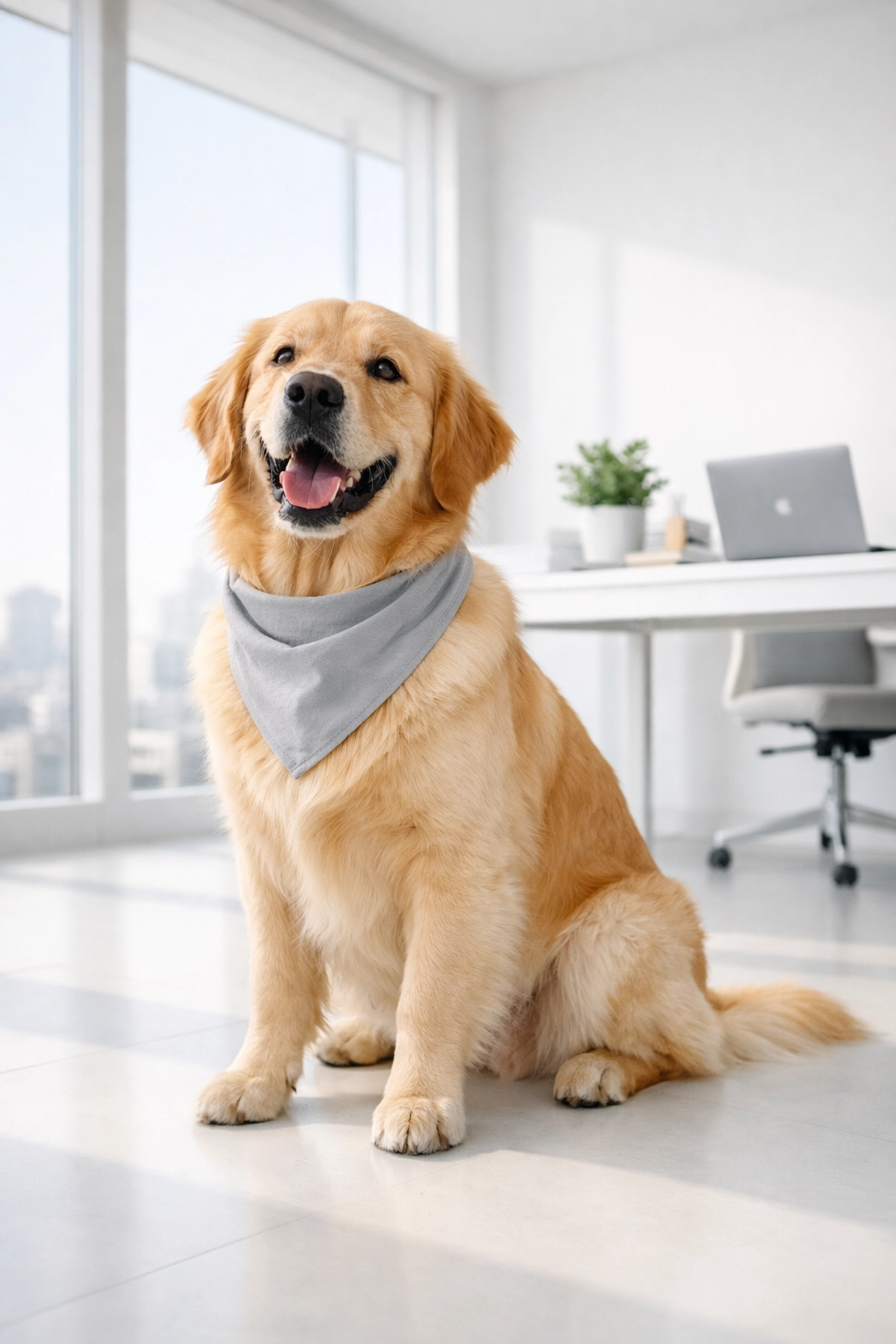 Golden retriever in modern pet friendly workplace with employee benefits