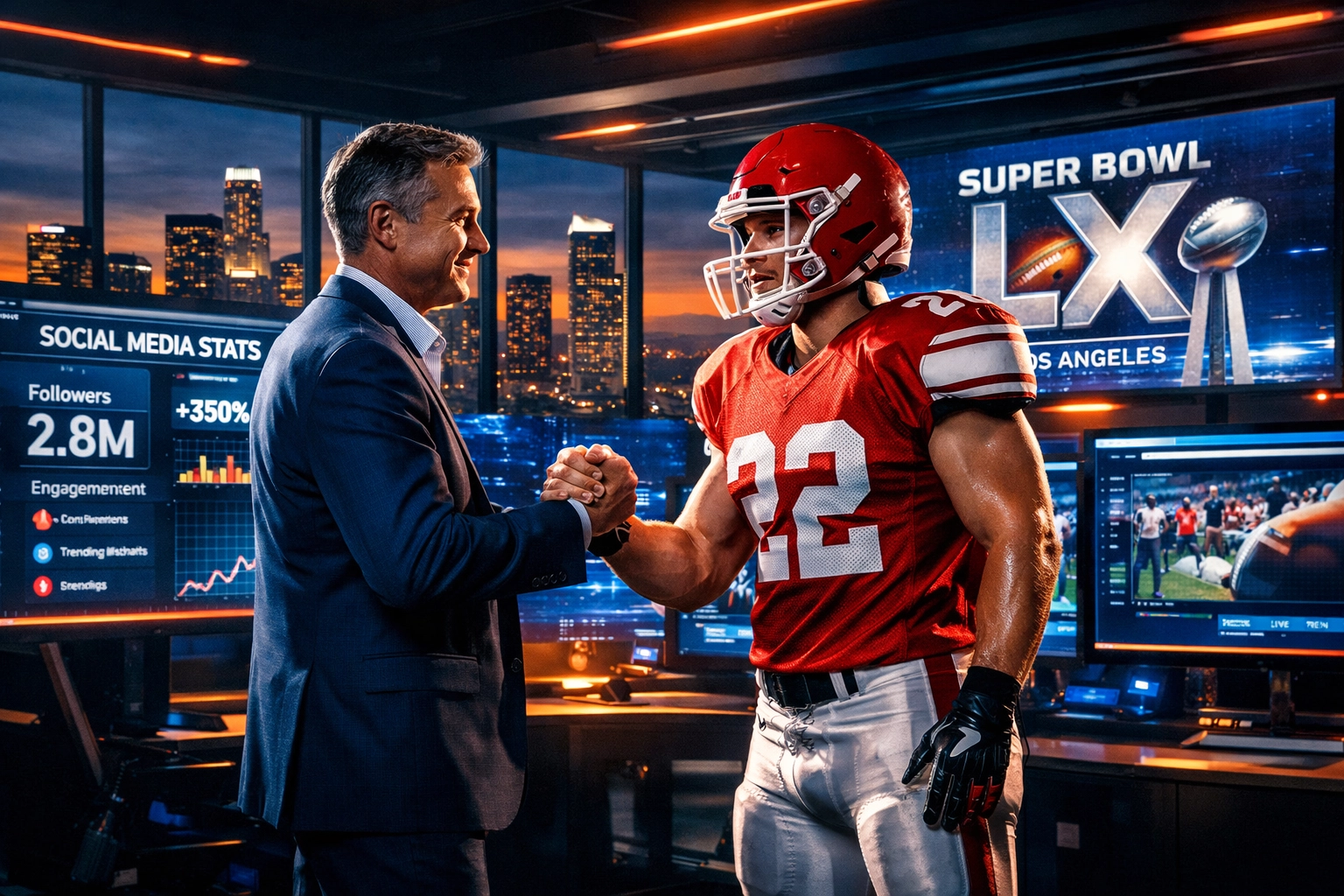 Fortune 1000 brand executive partnering with college athlete for NIL deal in digital marketing command center