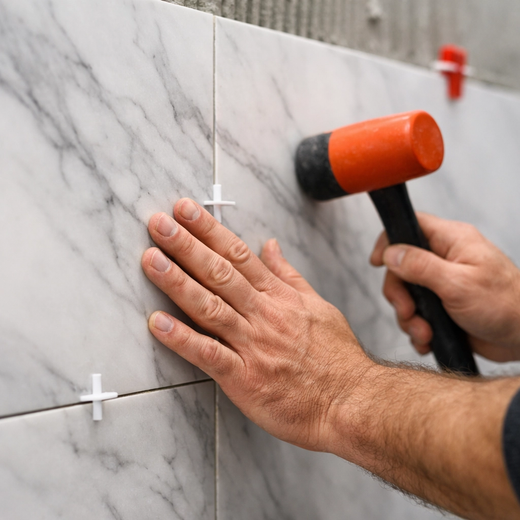 Professional bathroom remodeling expert installing luxury marble floor tiles with precision and quality craftsmanship.