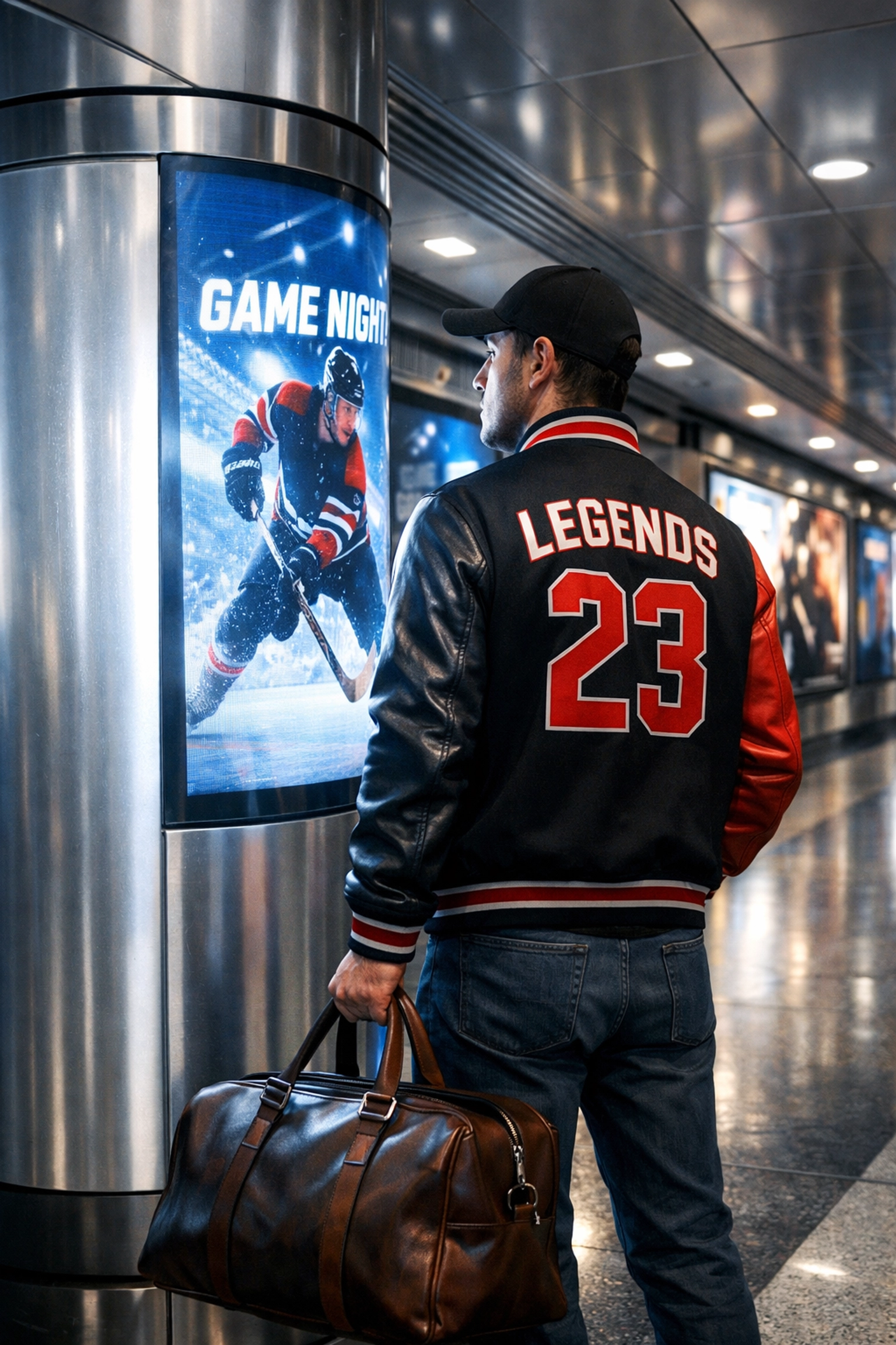 Fan viewing high-definition digital advertising panels in a transit corridor for a Super Bowl OOH campaign.