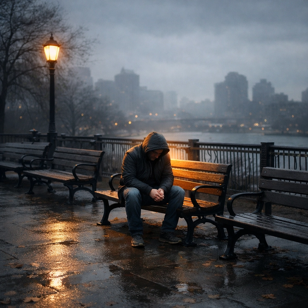 Person sitting alone on park bench illuminated by single light showing isolation and hope