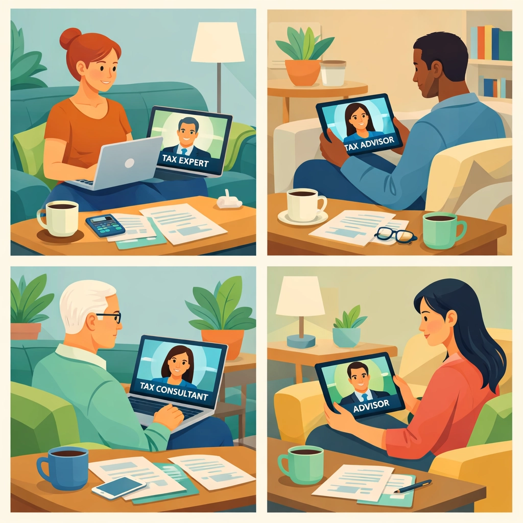 Virtual tax preparation consultation from home with advisor via video call