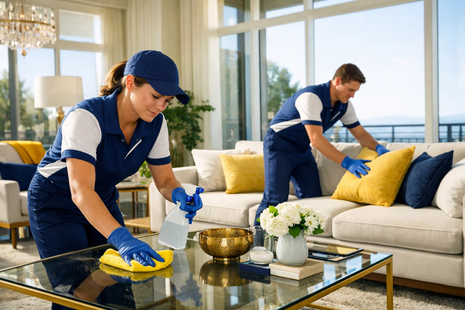 Professional team performing high-end cleaning in a Groton living room using eco-friendly products.