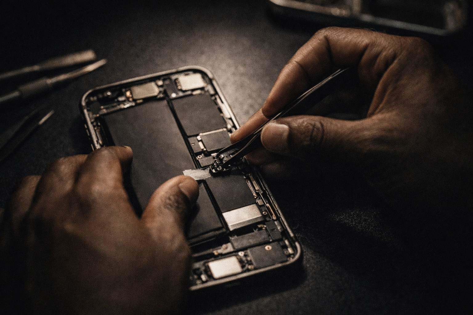 Close-up of hands reconnecting an iPhone battery during replacement on a dark workbench in Brooklyn