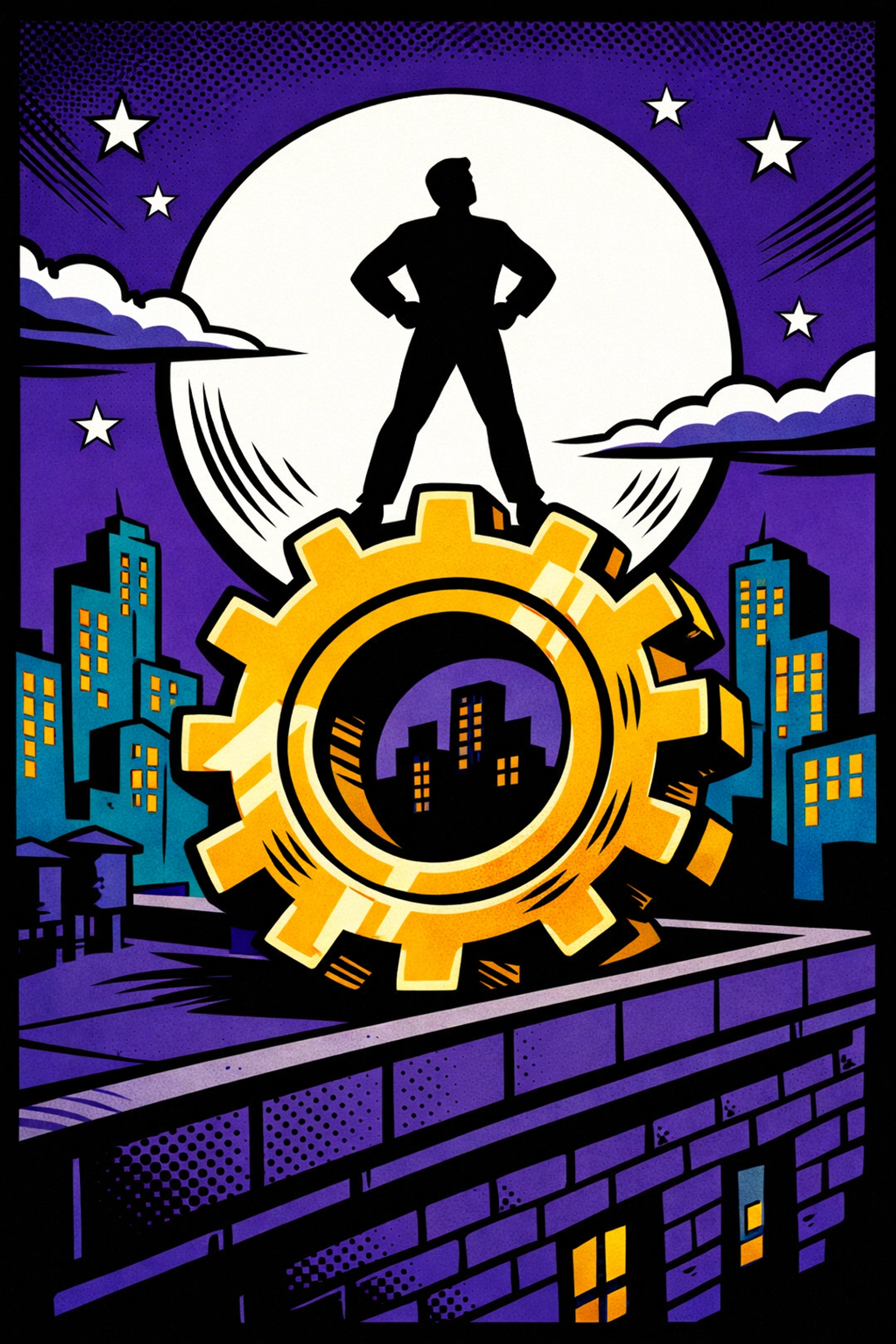 A triumphant business owner atop gears, symbolizing successful scaling through workflow automation.