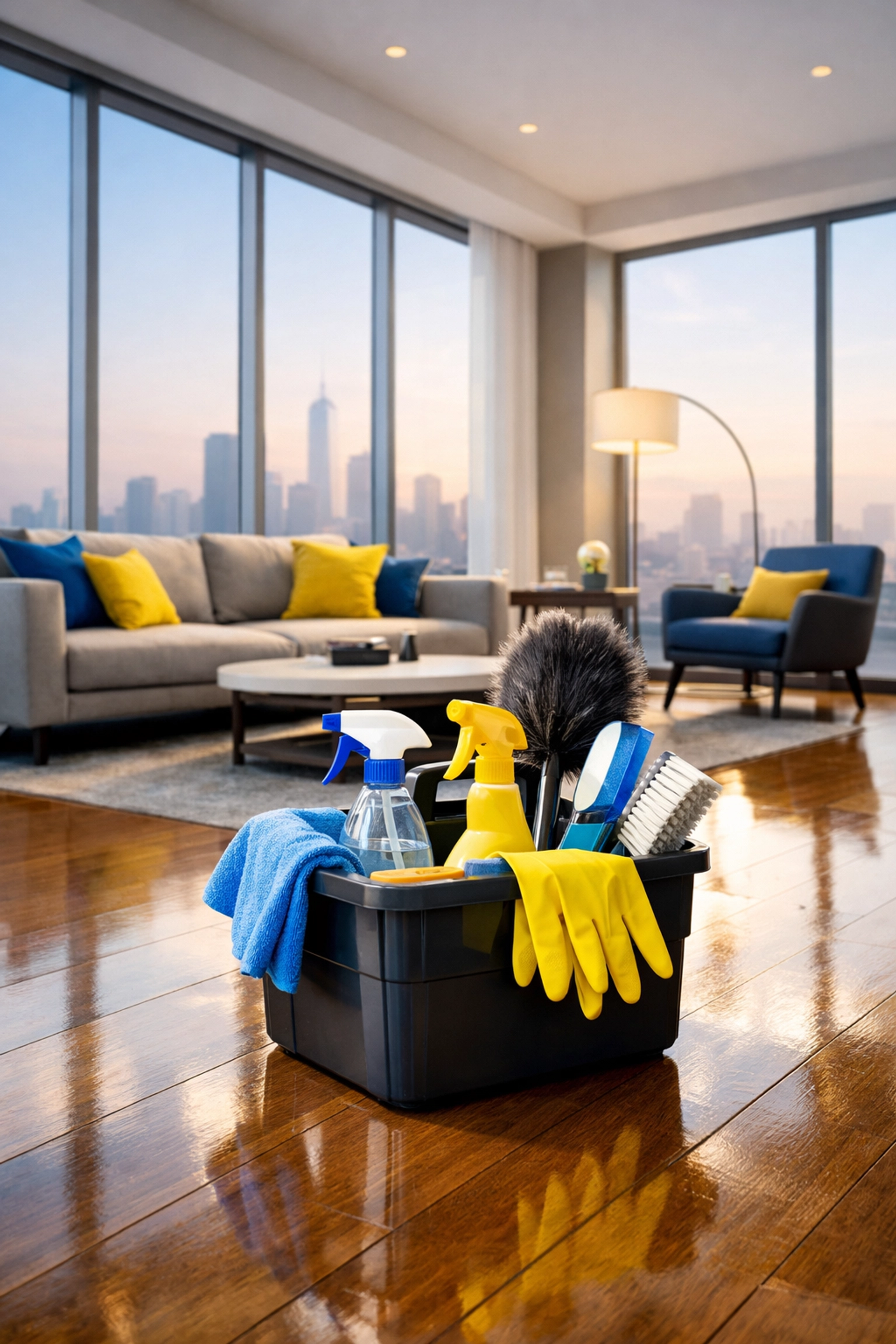 A ready-to-use cleaning caddy on gleaming hardwood floors in a spotless, modern living room.