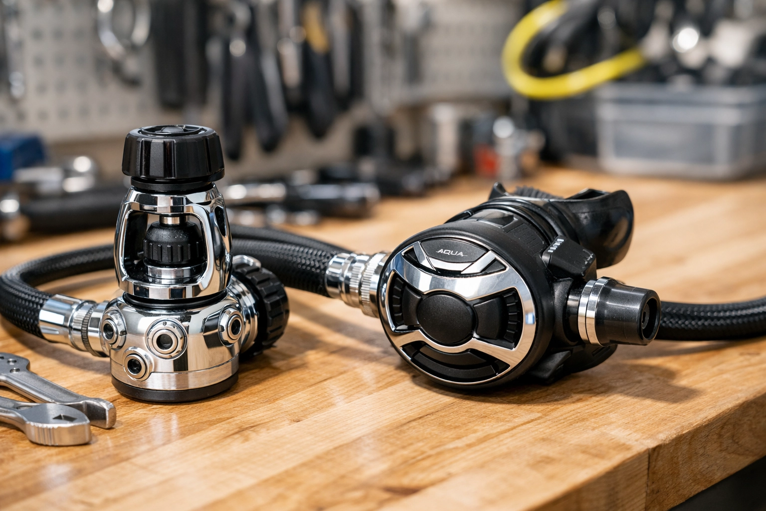 Professioneller Check eines Atemreglers in der Tauchwerkstatt Goitzsche für die neue Saison.