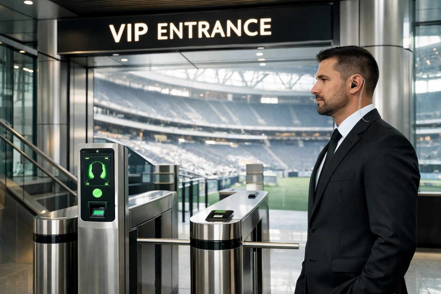Professional security officer guarding a VIP stadium entrance with biometric access control.