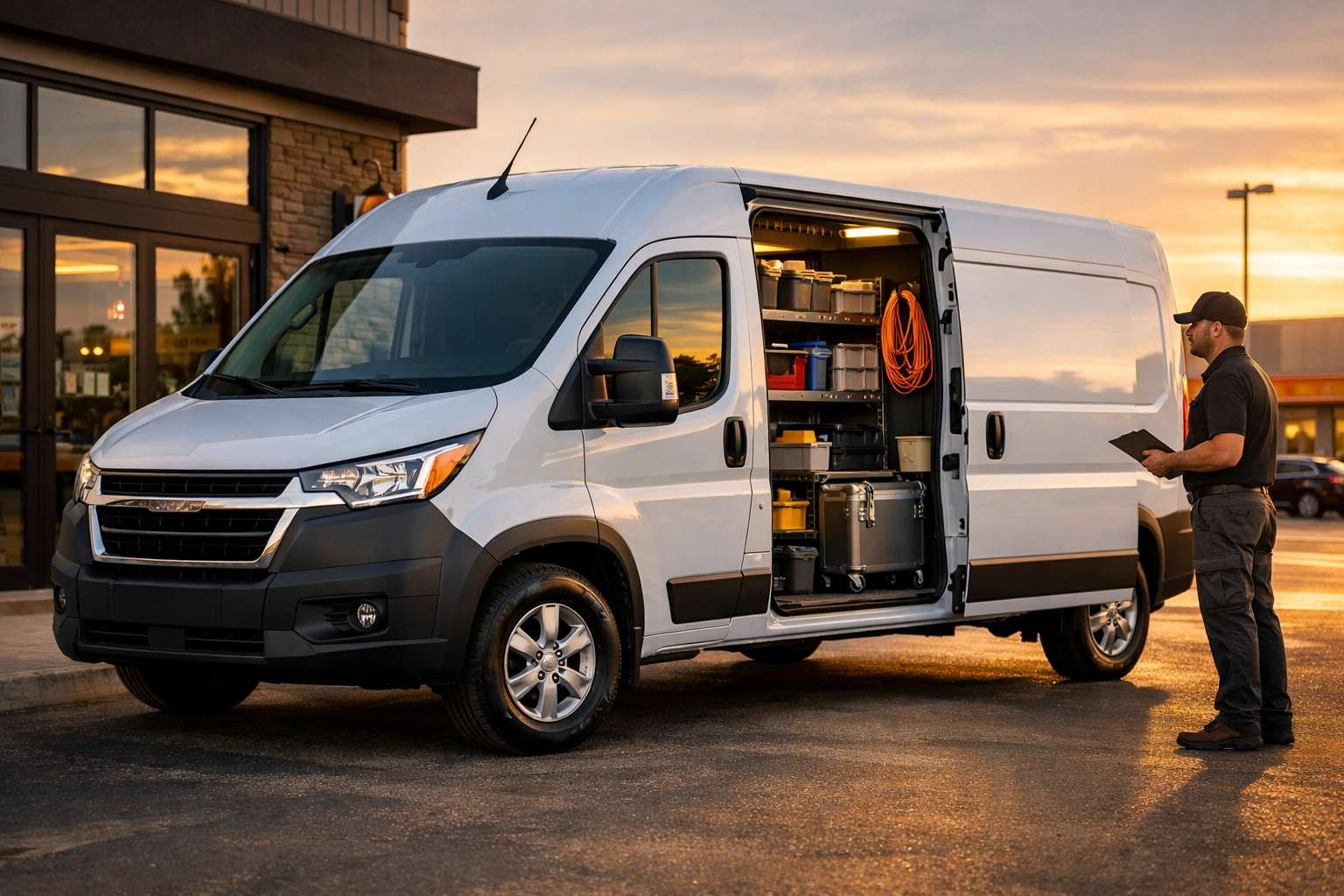 Commercial delivery van with open cargo door showing organized business equipment