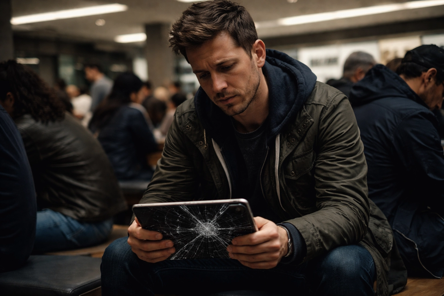 Frustrated Brooklyn resident waits in a crowded tech store holding a cracked iPad, highlighting repair delays.