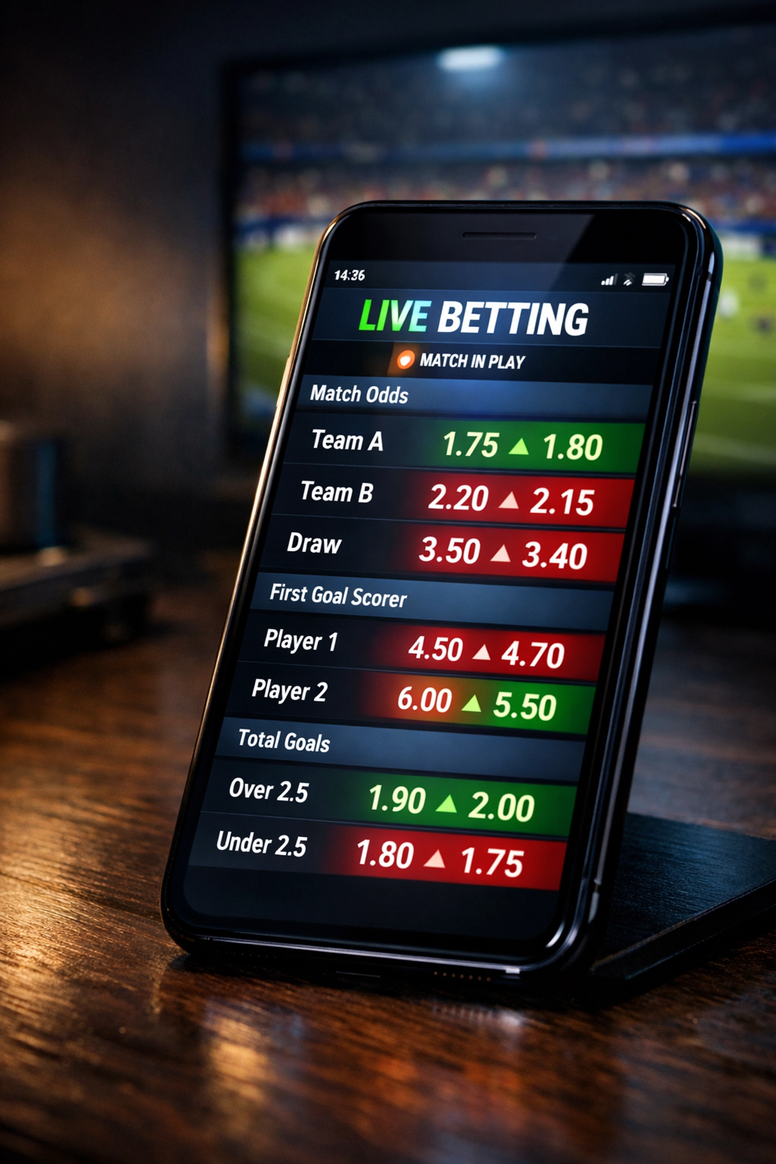 Live Quotenänderungen auf Sportwetten-App vor Anpfiff eines Abendspiels