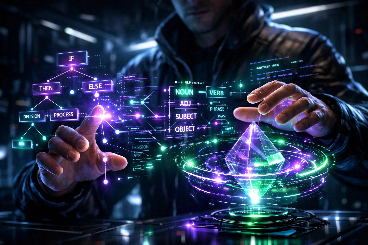 Close-up of professional using holographic NLP solutions and intelligent automation.