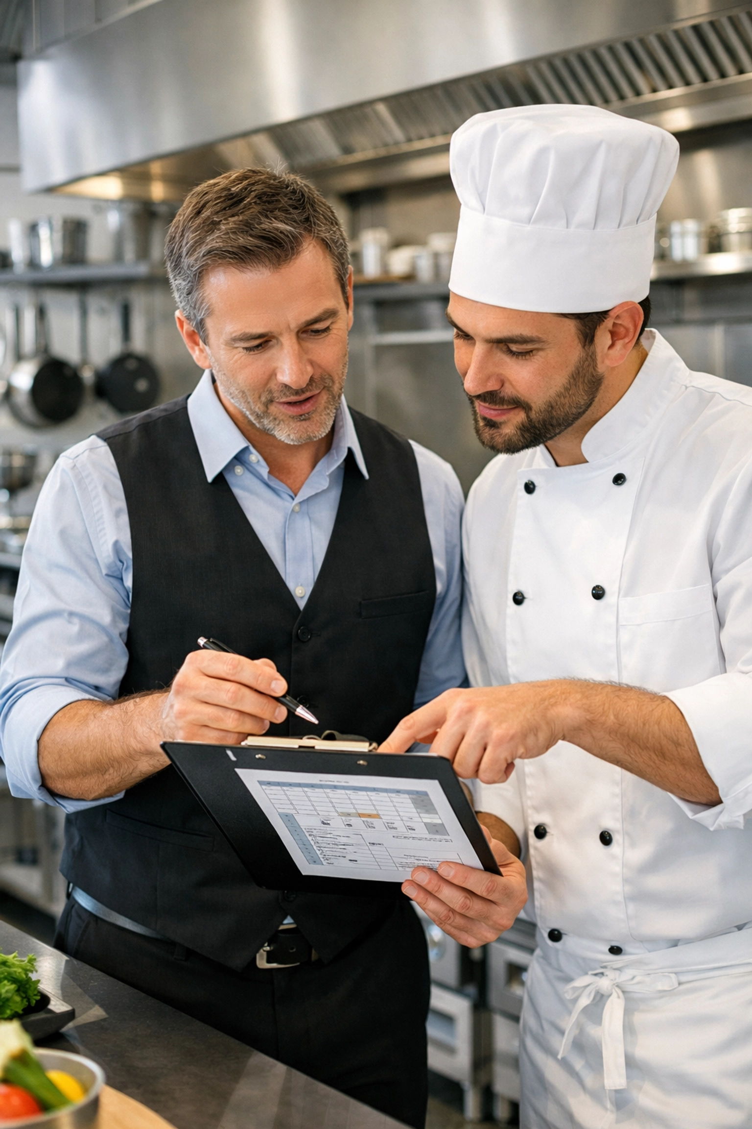 Restaurant kitchen manager and chef collaborating on operational efficiency planning