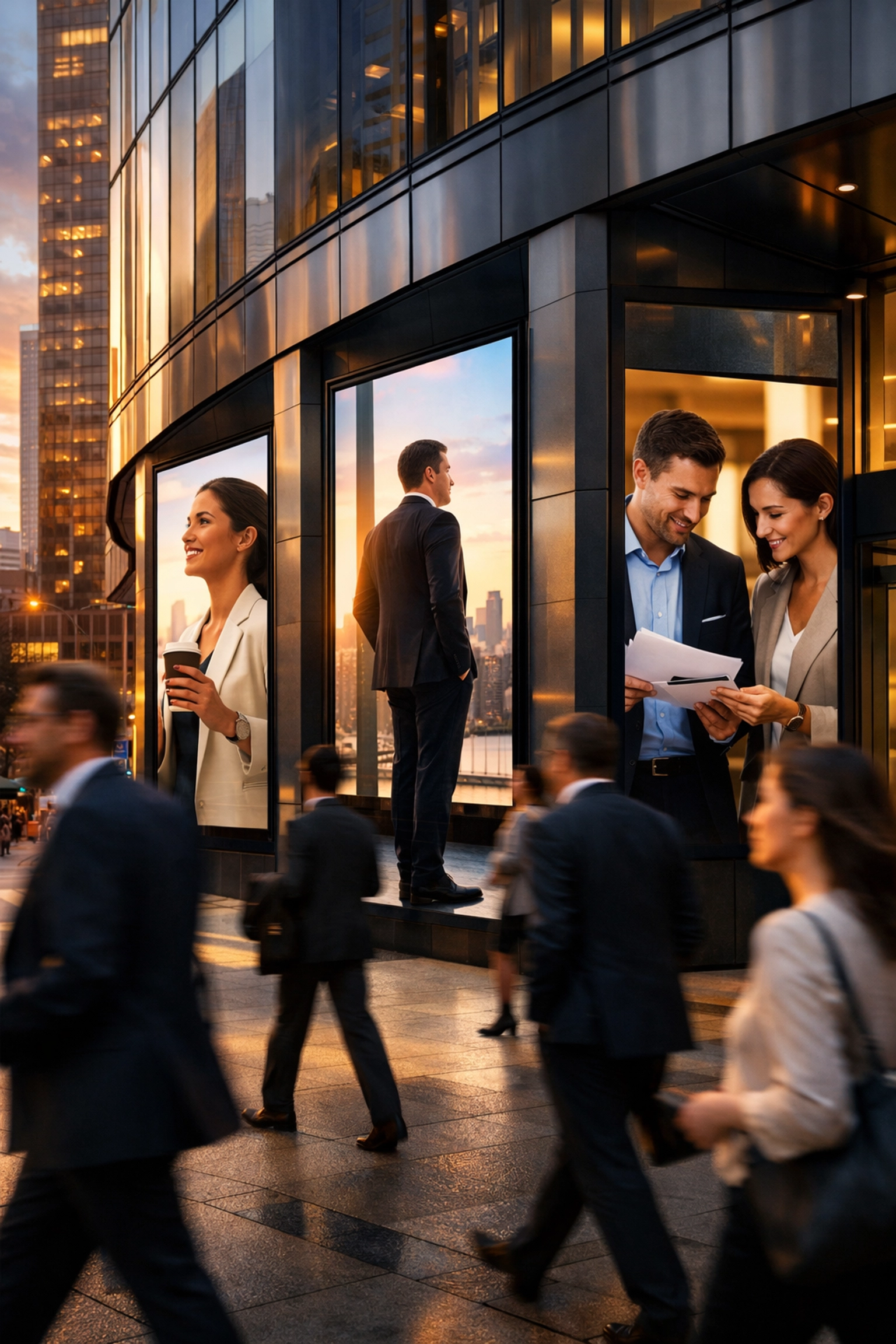 Urban digital signage and out-of-home advertising displays integrated into a city skyscraper for business scaling.