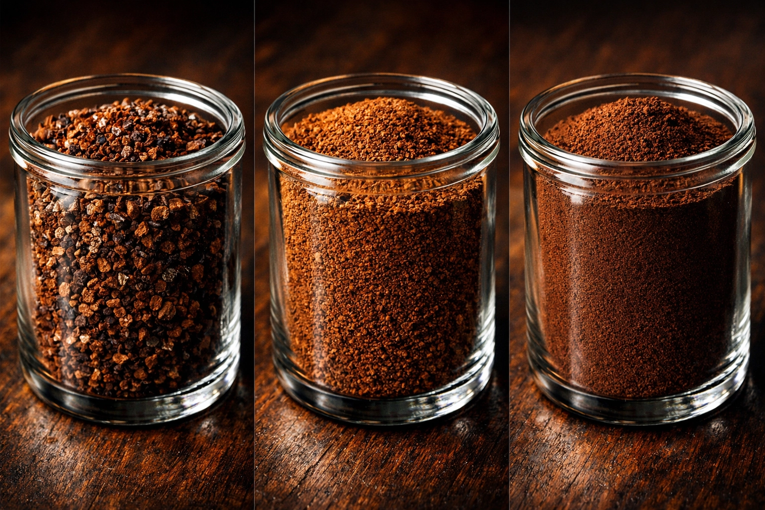 Three coffee grind sizes for different brewing methods - coarse, medium, and fine