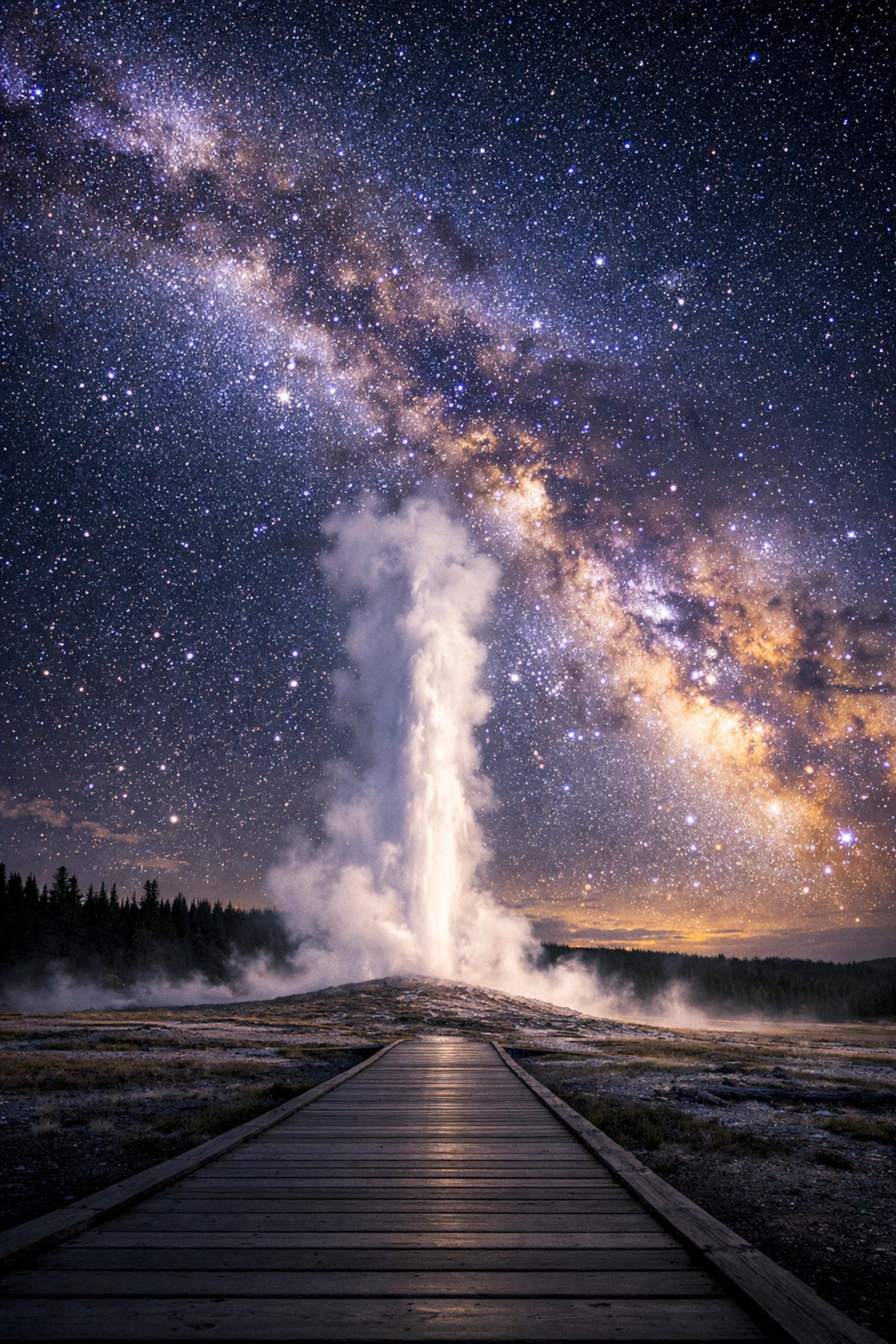 Old Faithful geyser erupting under the Milky Way, a key site for high school science field trips in Yellowstone.