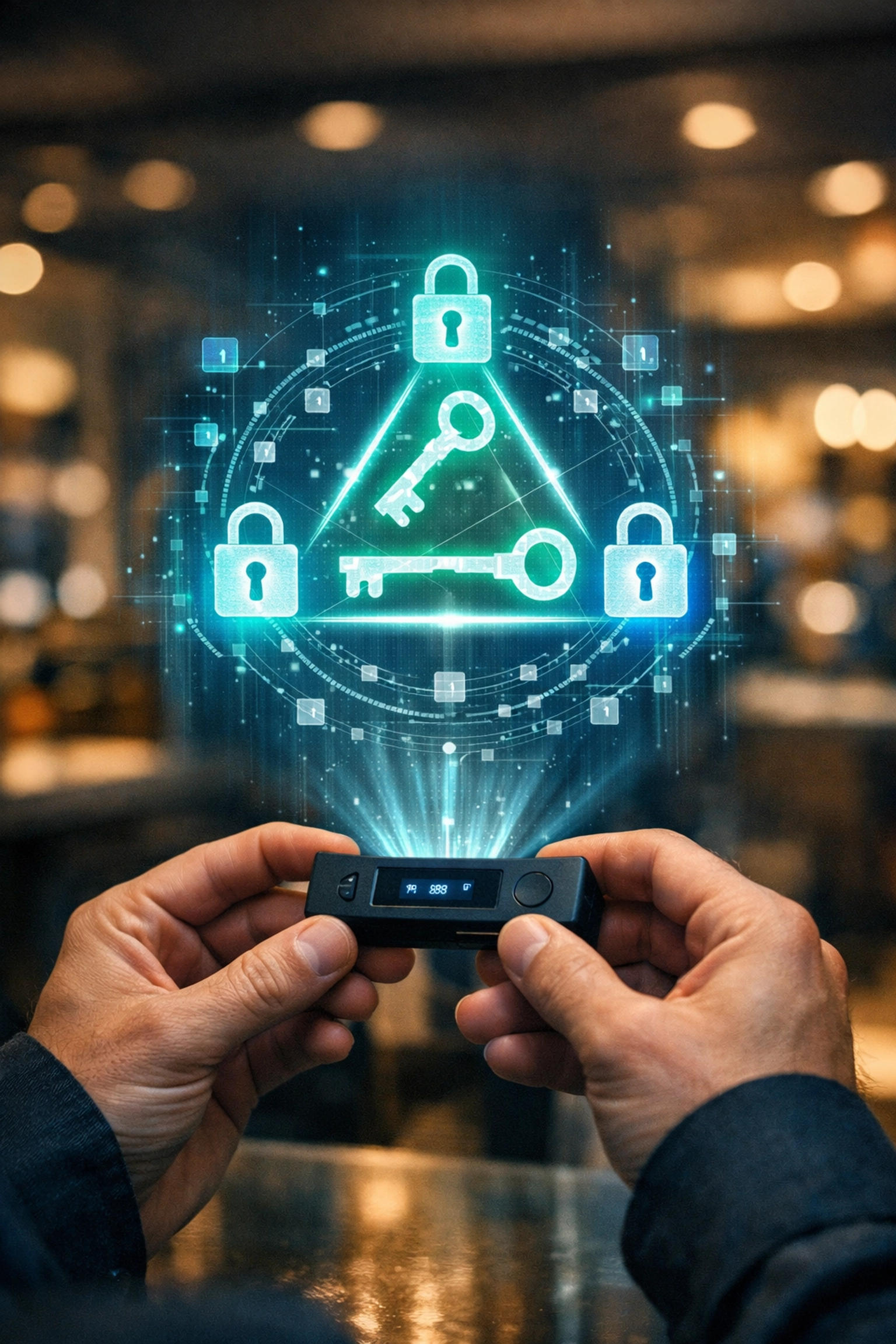 Merchant holding hardware wallet with multi-signature security for self-custody crypto payments