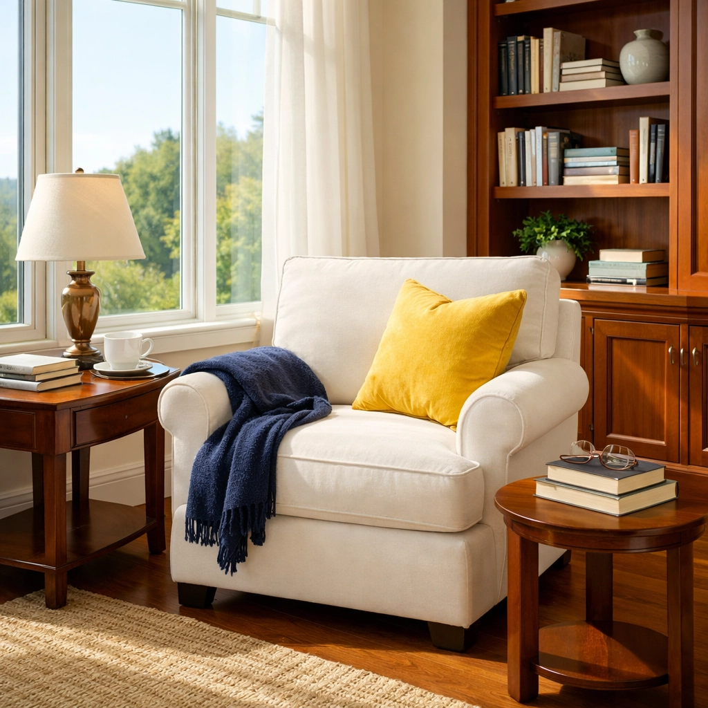 A peaceful, dust-free reading nook in a Bolton residence cleaned by The Cleaning Ninjas Inc.