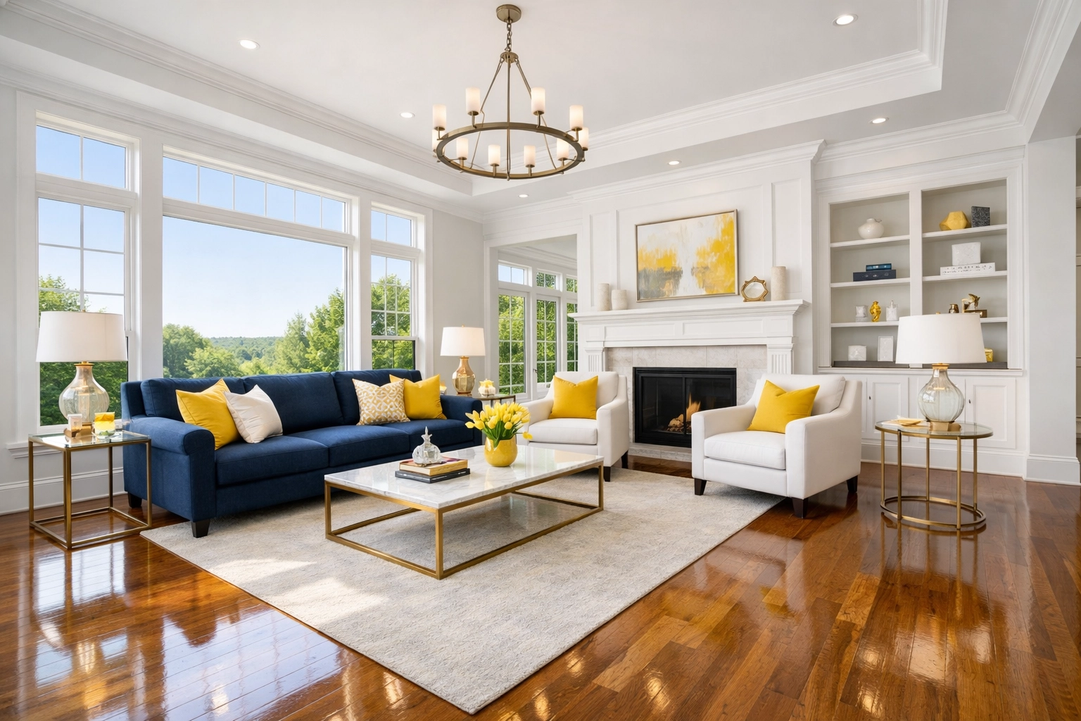 Bright and spotless Westford living room illustrating the luxury of weekly house cleaning services.