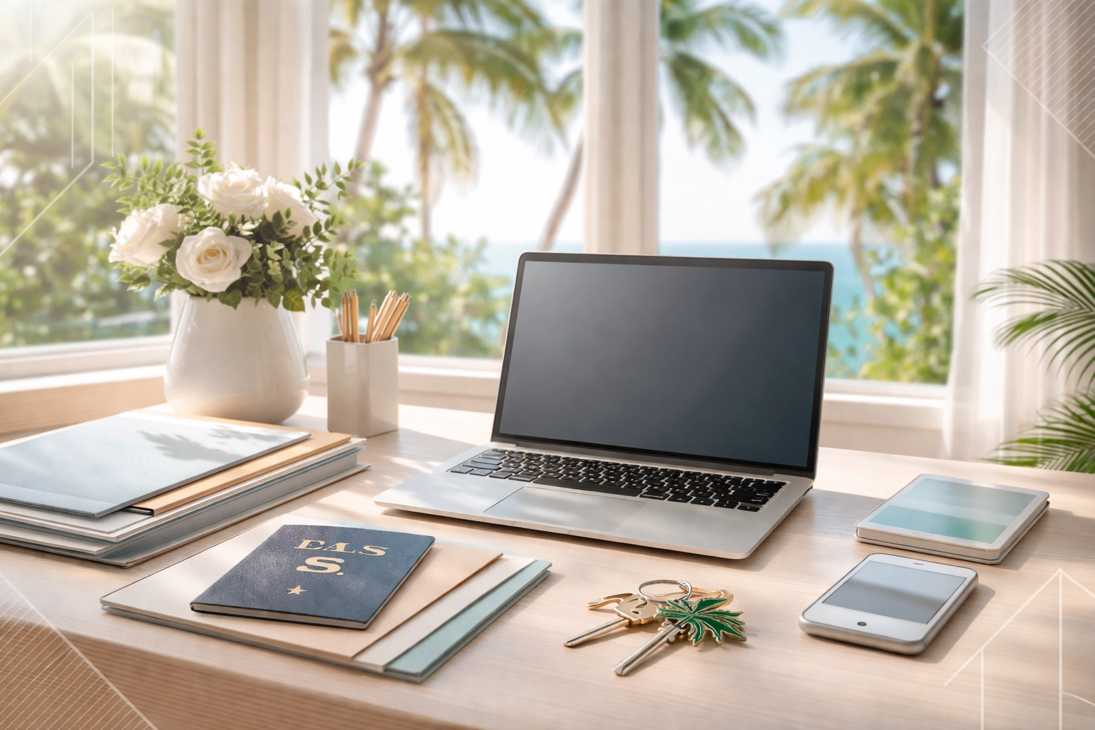 Bright Florida home office desk with files, passport, and palm tree keychain, showing administrative relocation to Jupiter Island.