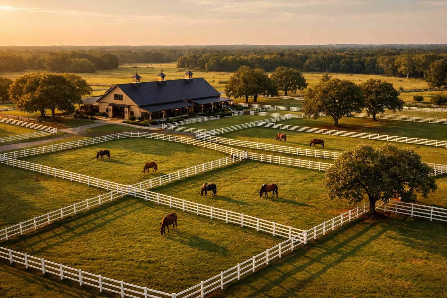 Aerial view of horse farm for sale in Waxhaw NC with barn, fenced pastures, and grazing horses