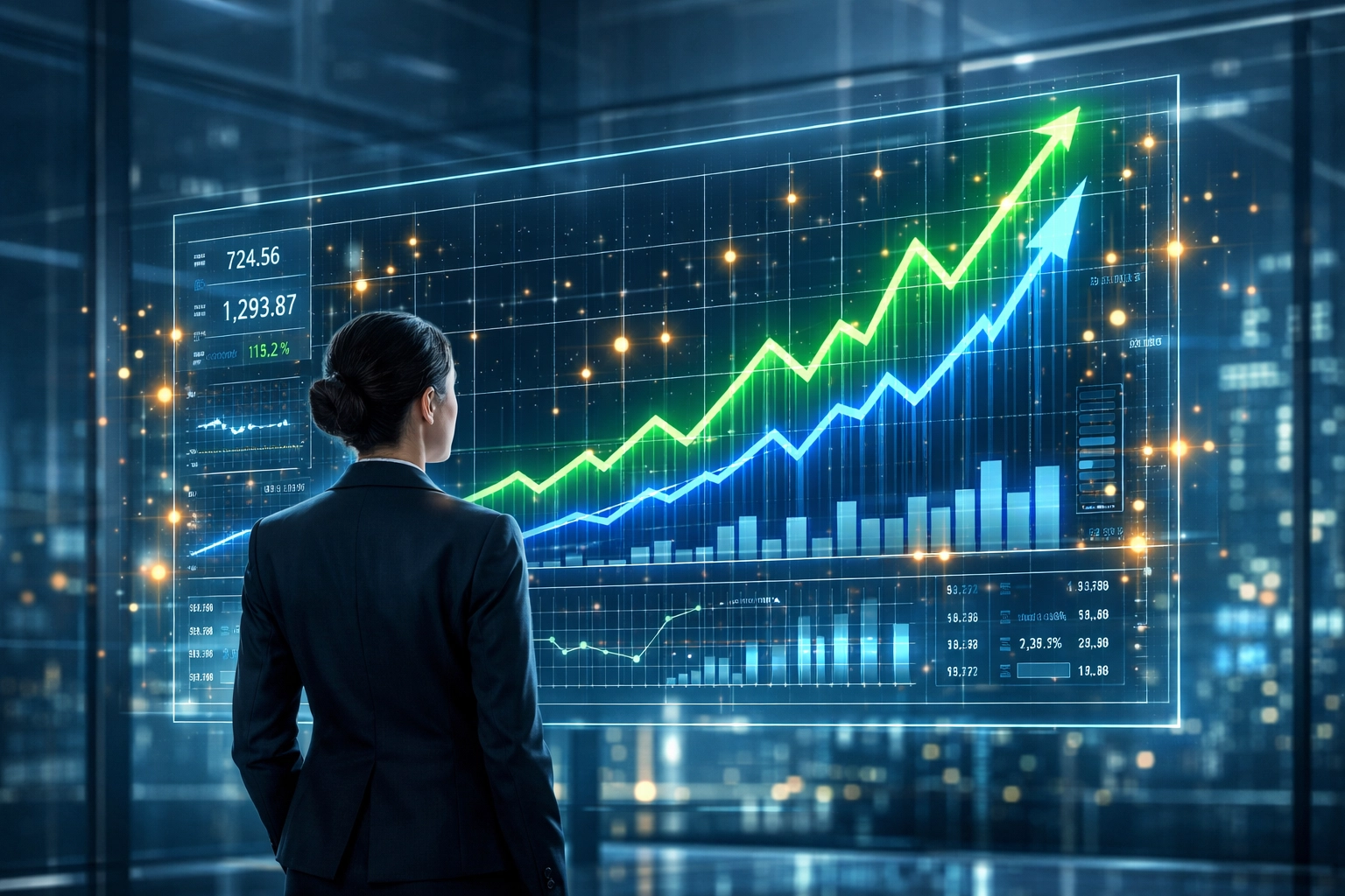 Dashboard mit steigenden Erfolgskurven zur Messung des ROI von KI-Trainings für Mitarbeiter.