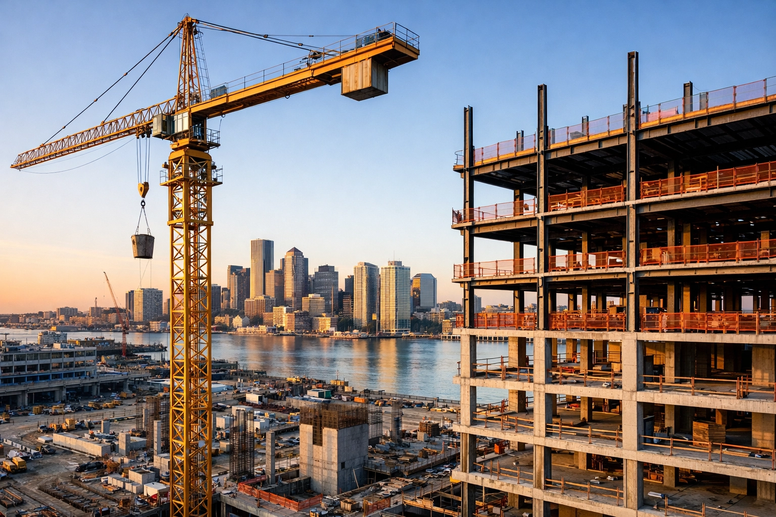 Construction site in the Boston Seaport District featuring large cranes and steel building frames.