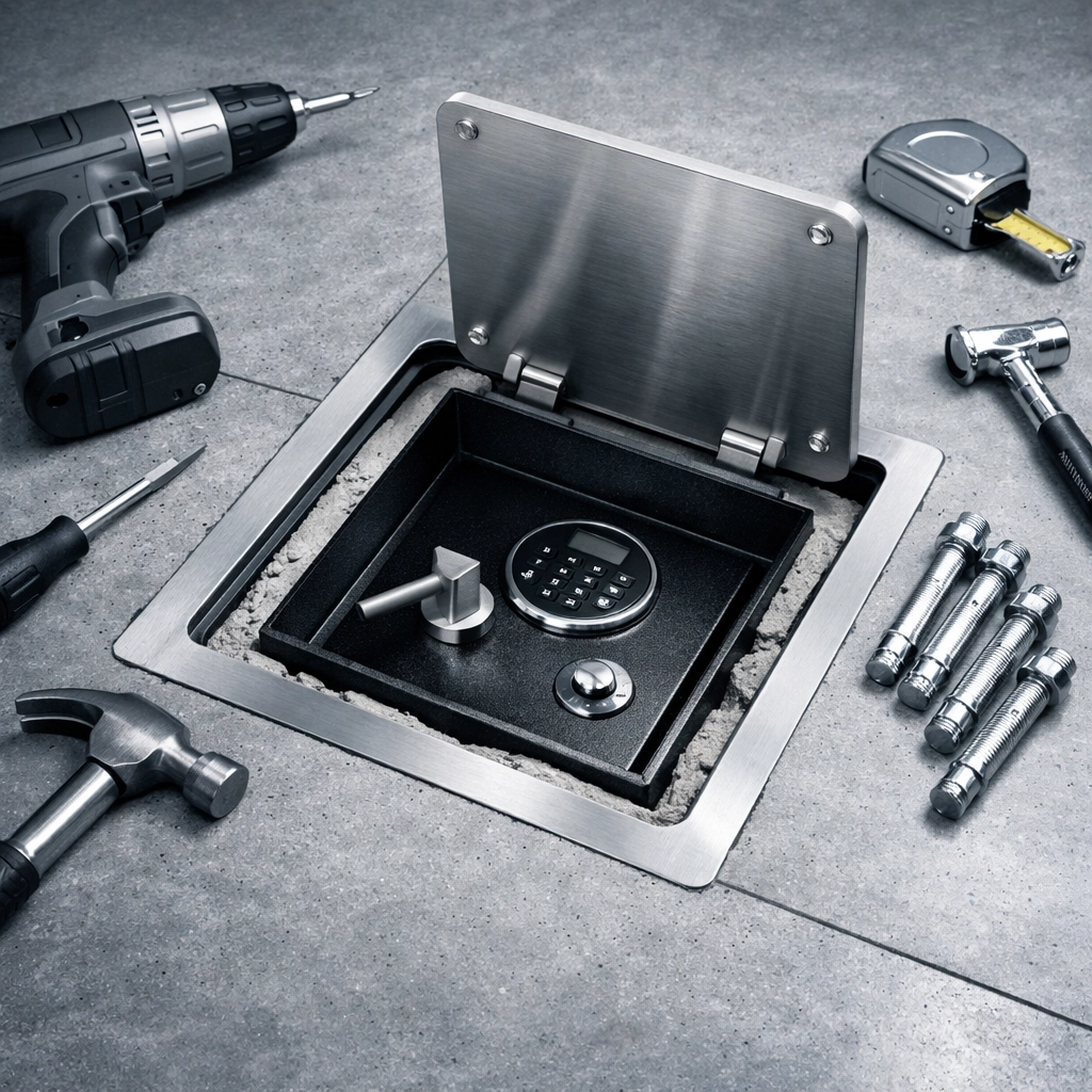 Floor safe installation with concrete anchoring for home security