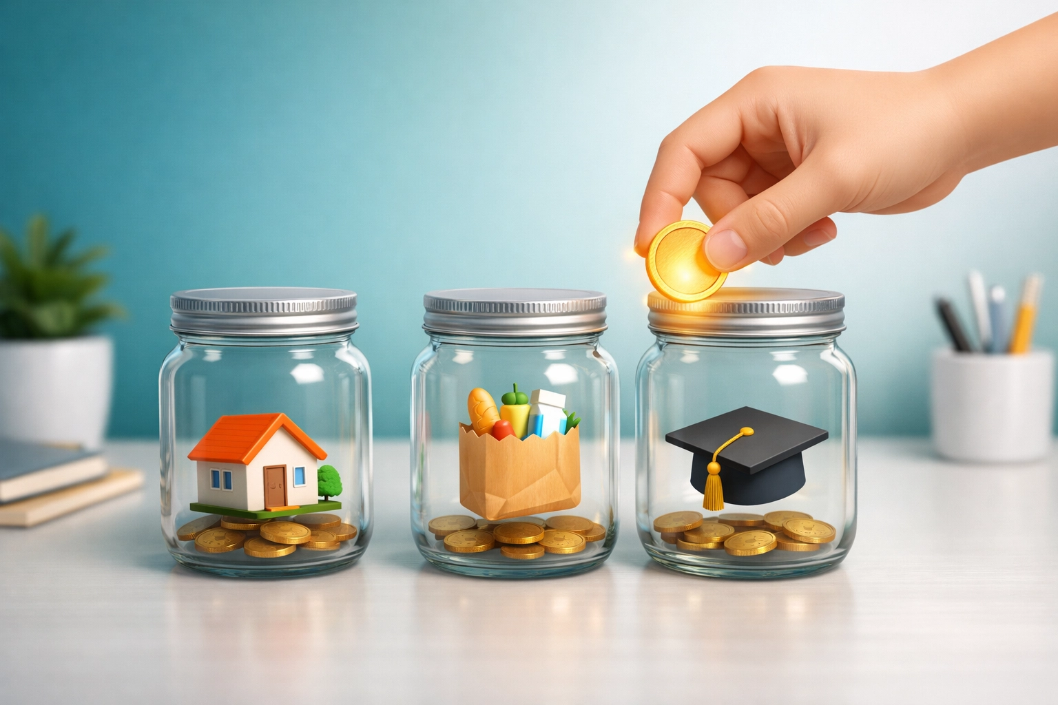 Hand placing a coin into jars representing budget categories like housing and education.