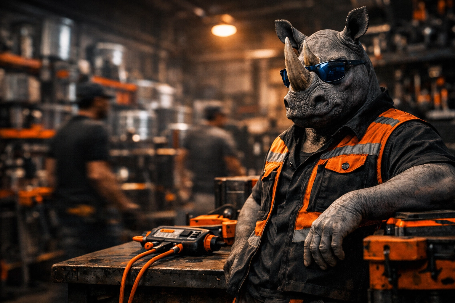 Ramblin' Rhyno staying calm and focused in a busy HVAC workshop under high pressure.