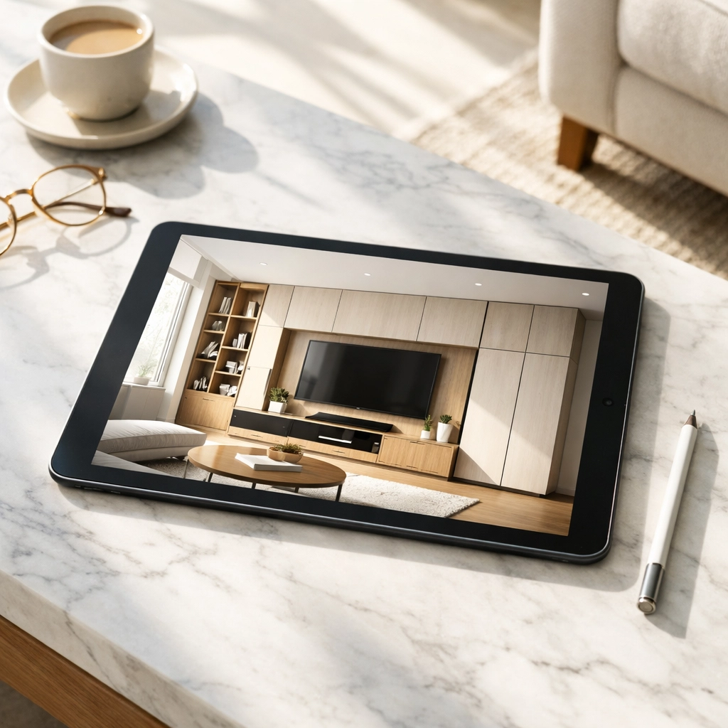 Digital design plan on a tablet showing a visual living room recommendation for a furniture layout.