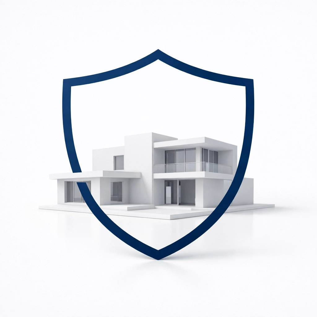 A minimalist house protected by a blue shield representing professional pest exclusion and home protection.