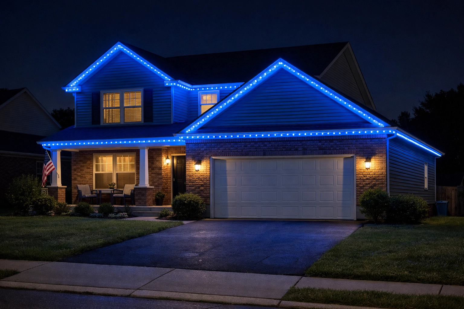 Permanent holiday lighting in Lexington set to blue for a game day celebration on a suburban home.
