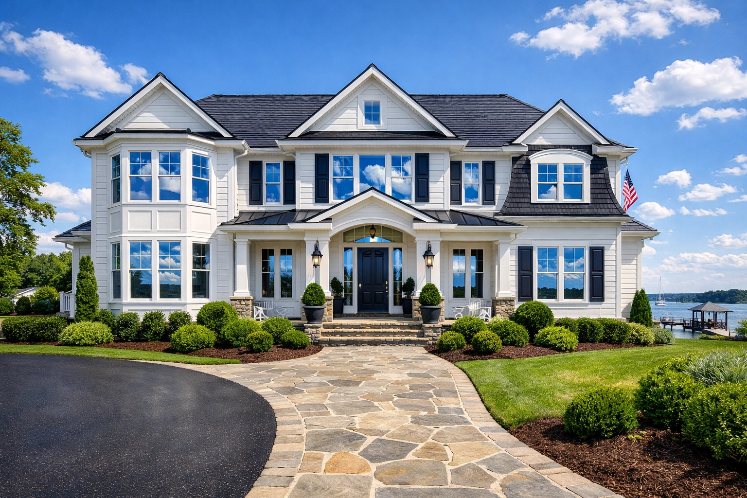 Clean white siding and spotless roof on an Annapolis home after professional house washing.