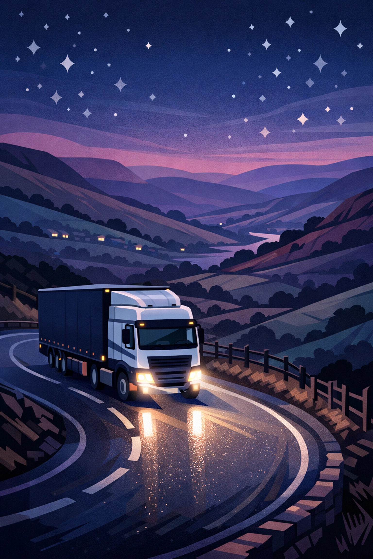 HGV driving on a scenic North West route through the Pennine hills at twilight.